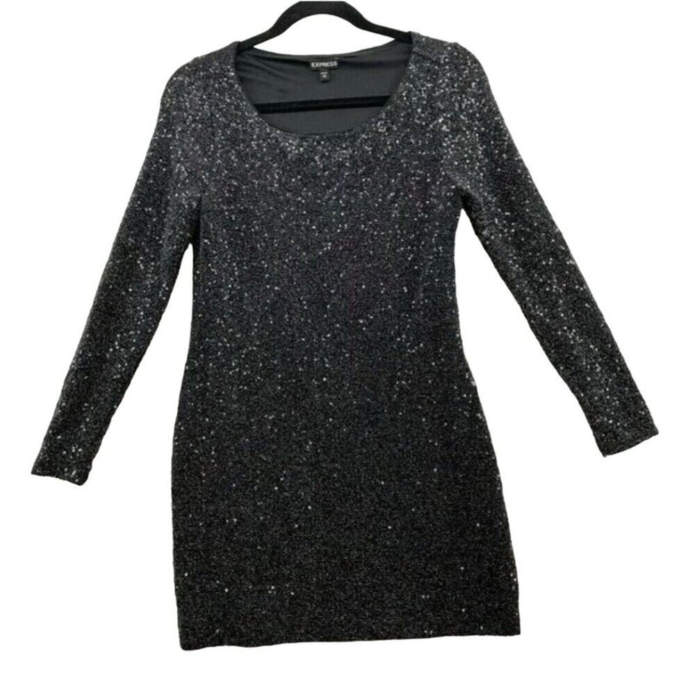Express Womens Sequined Mesh Long Sleeve Dress Women's Size Small Silver clubwea